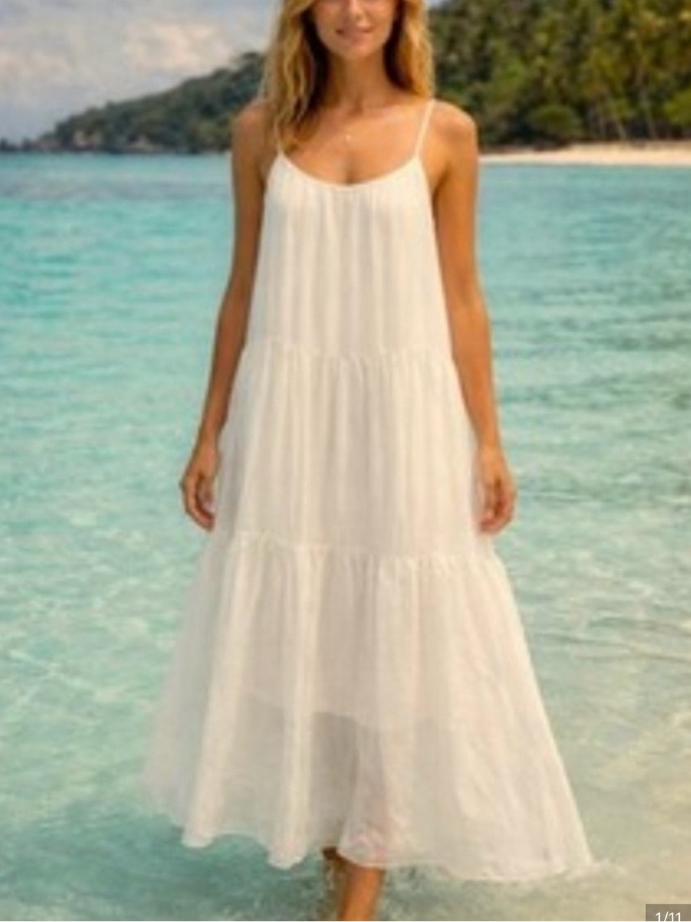 Sleeveless White Spaghetti-Strap Tiered Maxi Dress